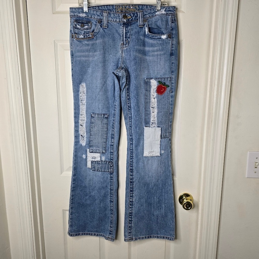 Y2K lei jeans vintage embroidered distressed wide‎ leg faded womens 11